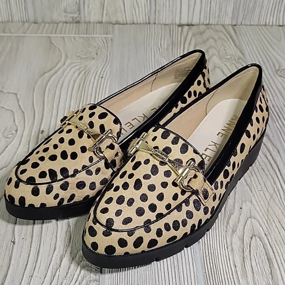 Anne Klein Lalita Cow Hair Dot Leopard Wedge Loafers Womens Size 5 NEW